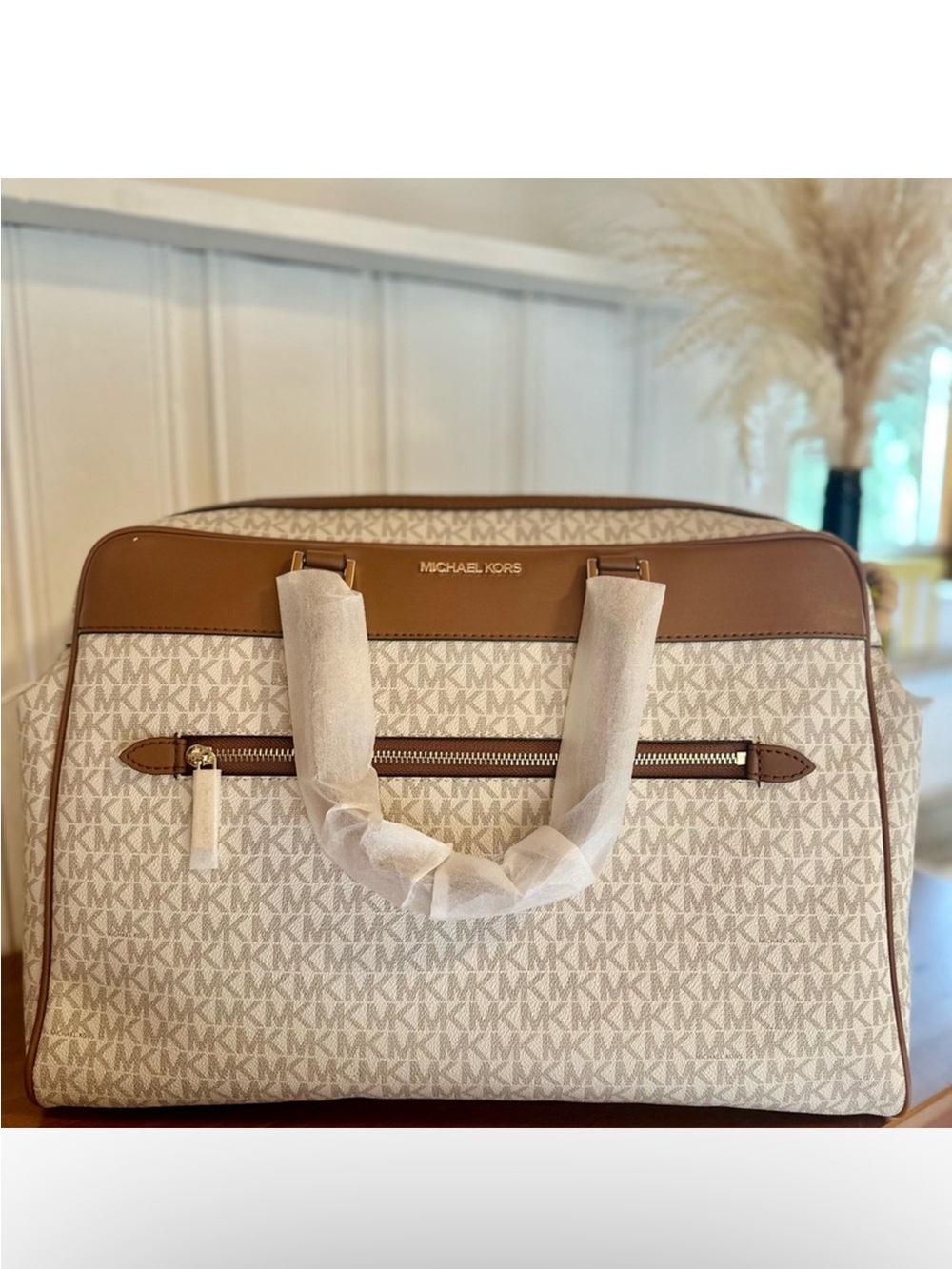 Michael Kors Large Travel Weekender Duffle Bag in Monogram Beige & Brown Canvas